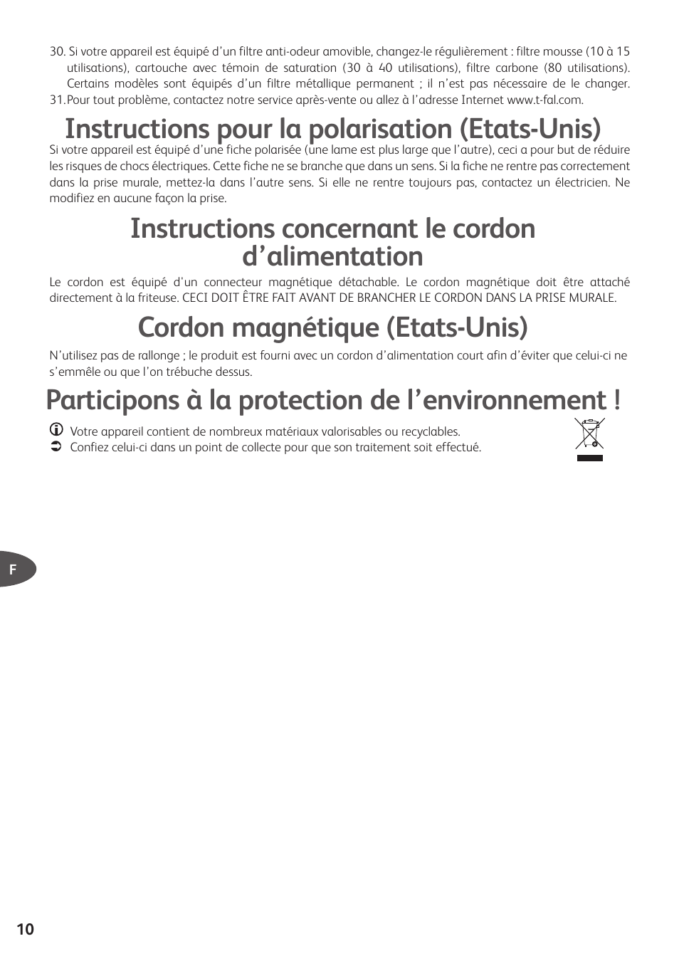 Instructions pour la polarisation (etats-unis), Instructions concernant le cordon d’alimentation, Cordon magnétique (etats-unis) | Participons à la protection de l’environnement | T-Fal Simply Smart User Manual | Page 12 / 28