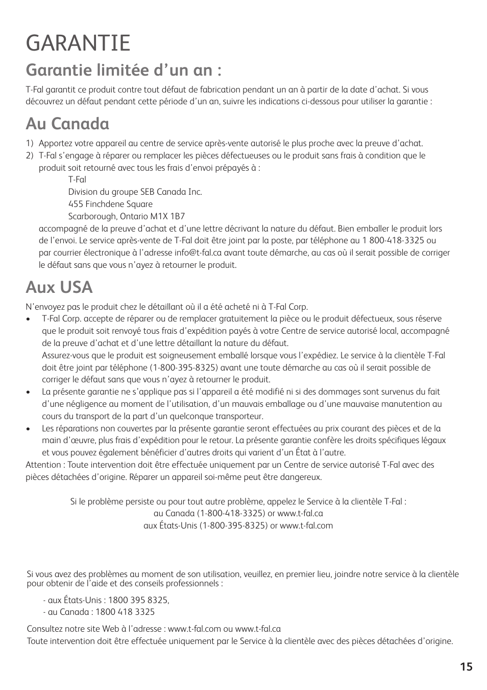 Garantie, Garantie limitée d’un an, Au canada | Aux usa | T-Fal Simply Smart User Manual | Page 17 / 28