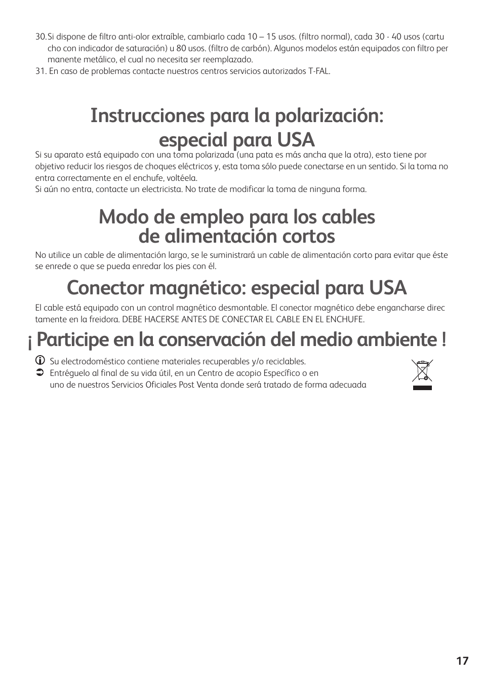 Conector magnético: especial para usa, Participe en la conservación del medio ambiente | T-Fal Simply Smart User Manual | Page 19 / 28
