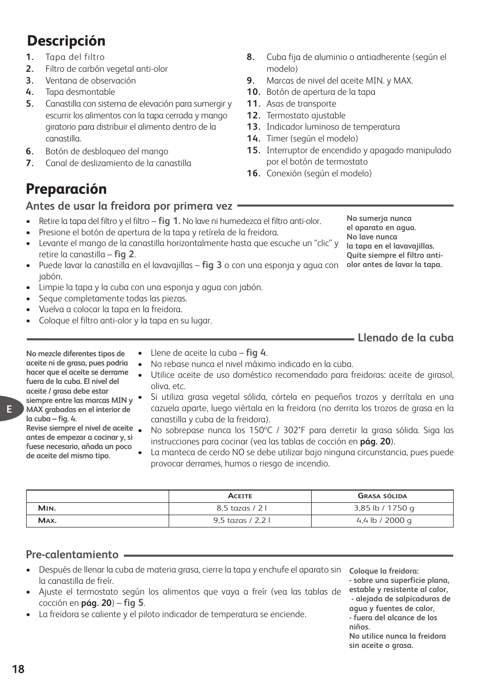Preparación, Descripción, Antes de usar la freidora por primera vez | Llenado de la cuba, Pre-calentamiento | T-Fal Simply Smart User Manual | Page 20 / 28