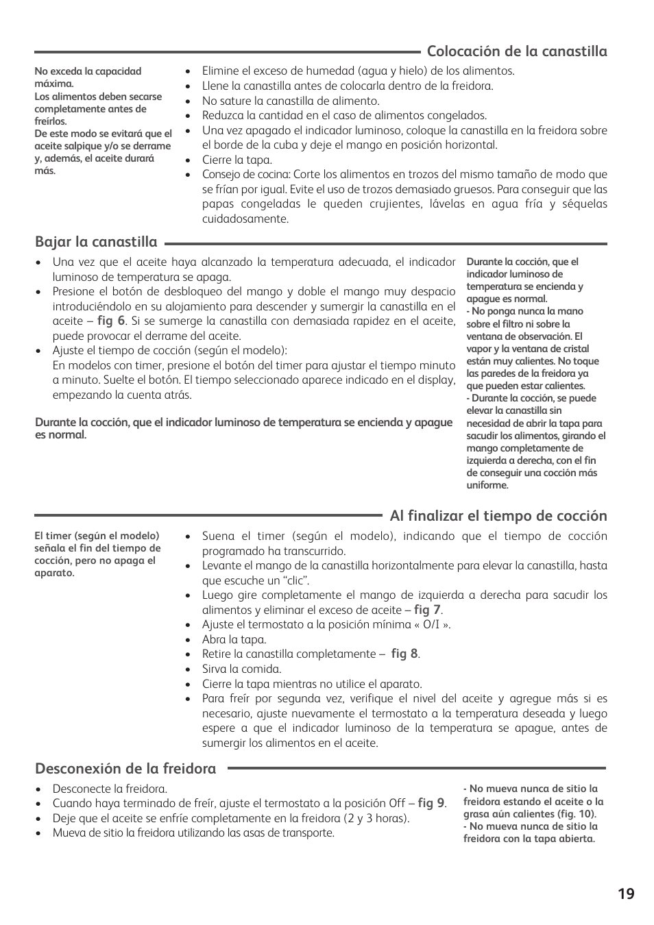 19 colocación de la canastilla, Bajar la canastilla, Al finalizar el tiempo de cocción | Desconexión de la freidora | T-Fal Simply Smart User Manual | Page 21 / 28