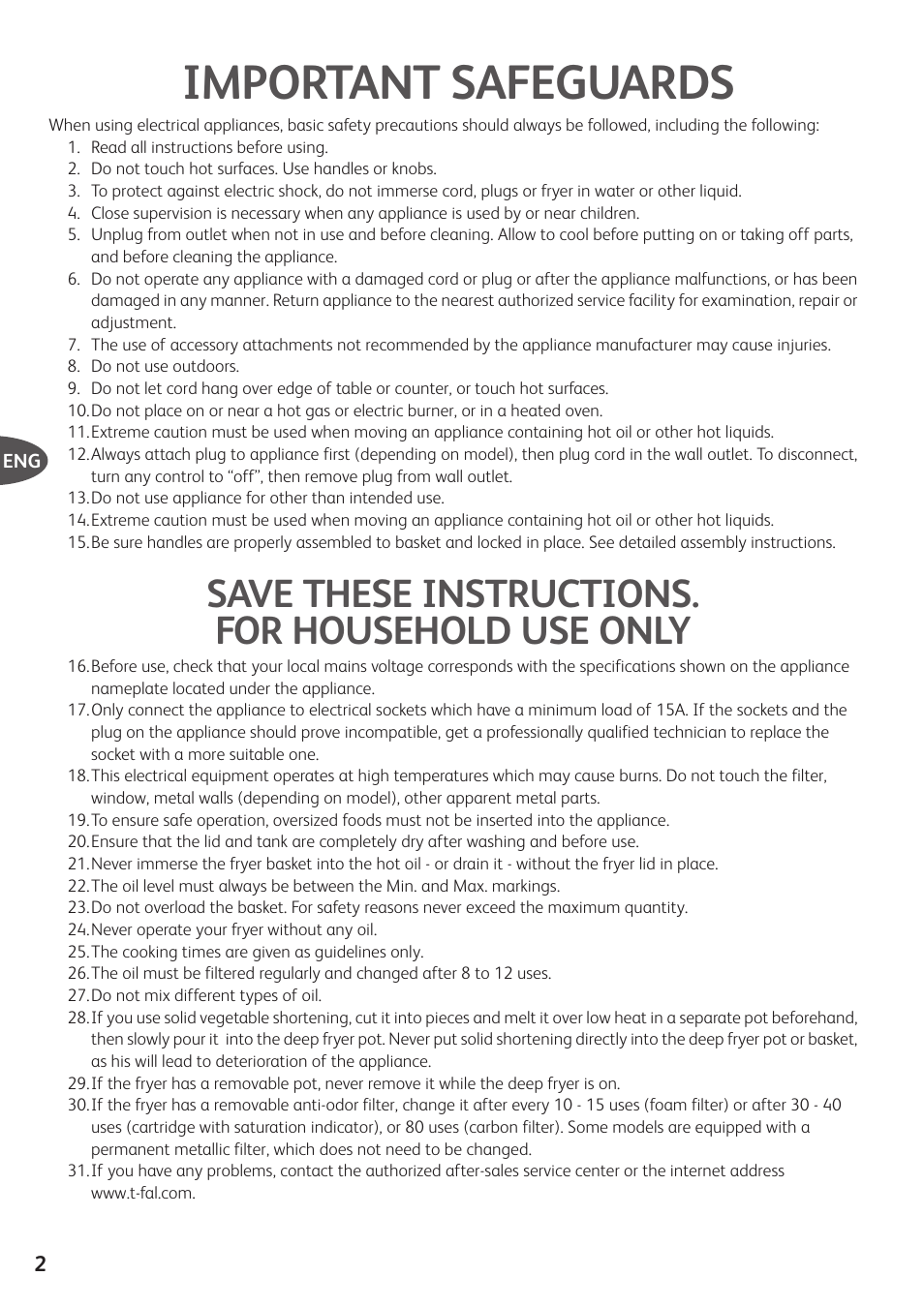 Important safeguards, Save these instructions. for household use only | T-Fal Simply Smart User Manual | Page 4 / 28