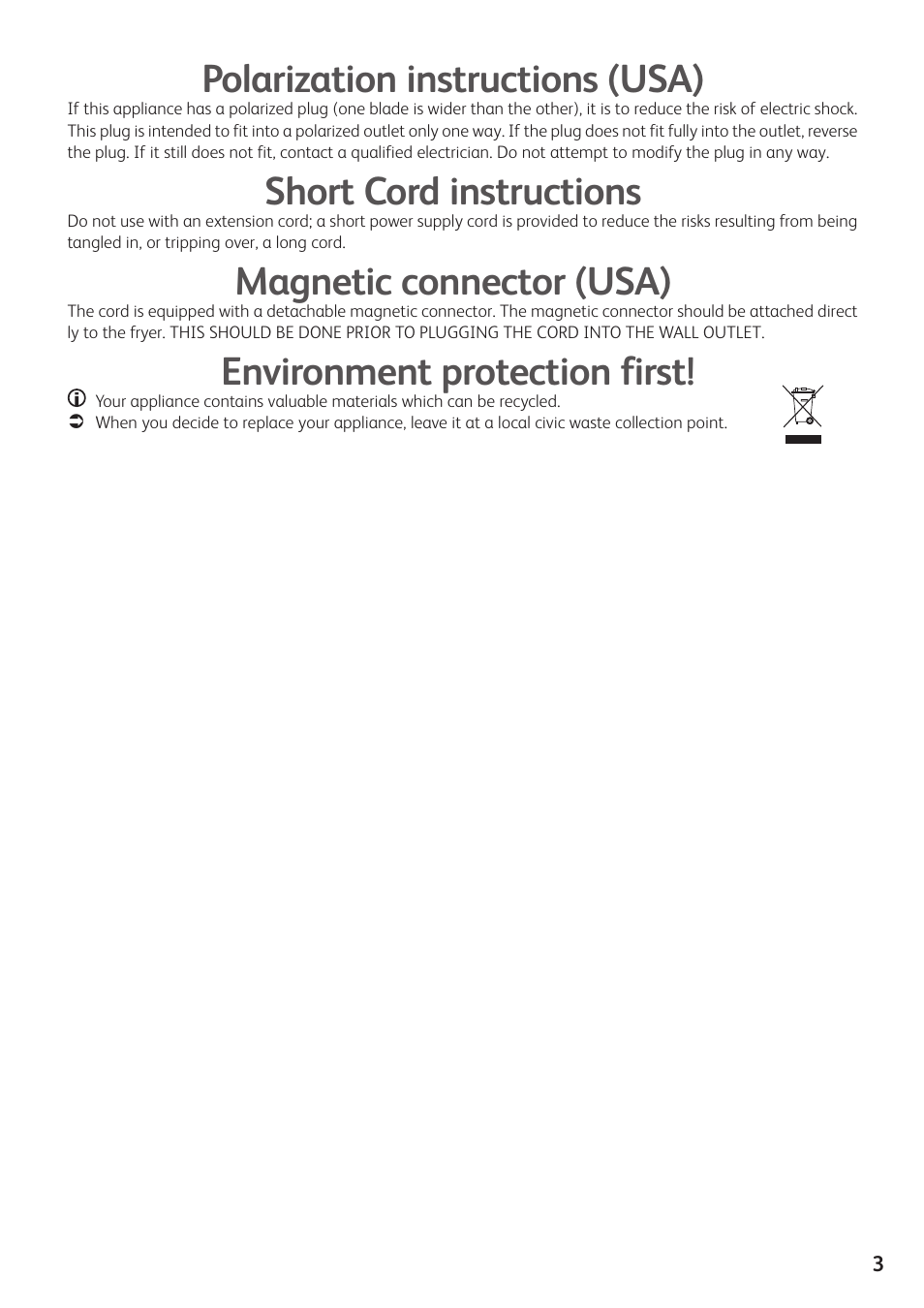 Polarization instructions (usa), Short cord instructions, Magnetic connector (usa) | Environment protection first | T-Fal Simply Smart User Manual | Page 5 / 28