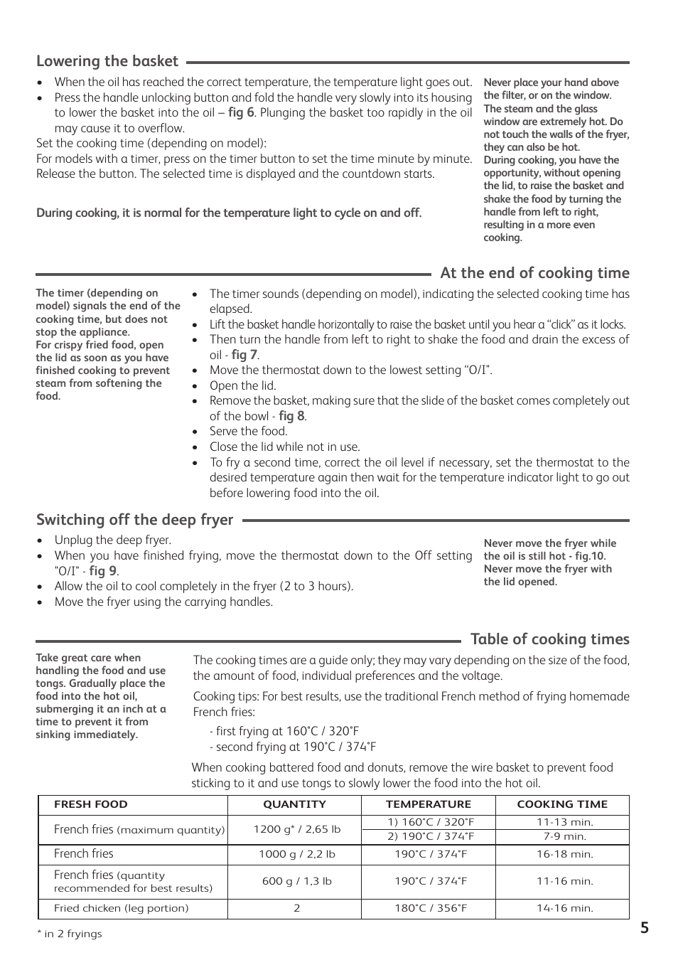5lowering the basket, At the end of cooking time, Switching off the deep fryer | Table of cooking times | T-Fal Simply Smart User Manual | Page 7 / 28