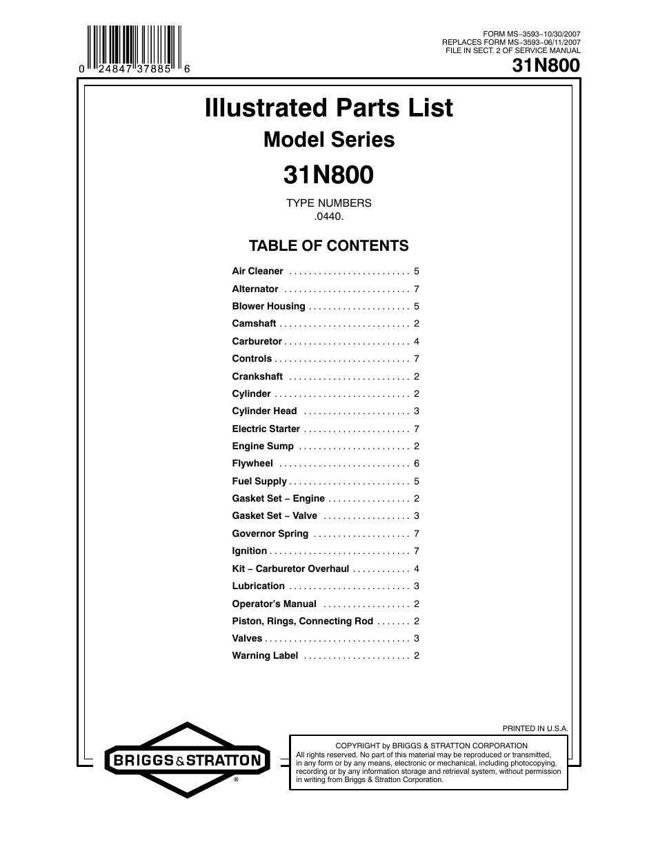 Briggs & Stratton 31N800 User Manual | 10 pages