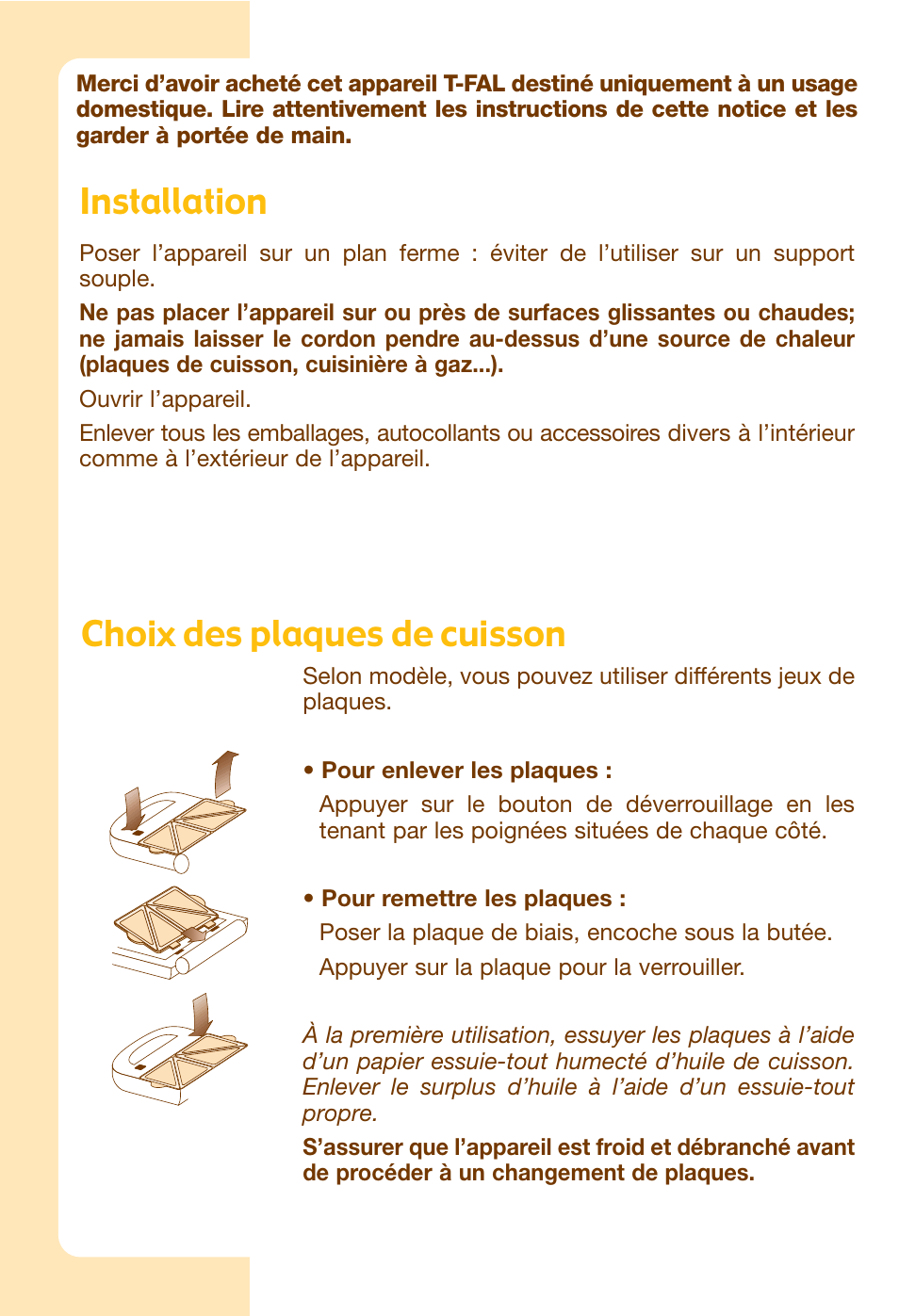Installation, Choix des plaques de cuisson | T-Fal Avanté Sandwich and Waffle Maker User Manual | Page 12 / 24