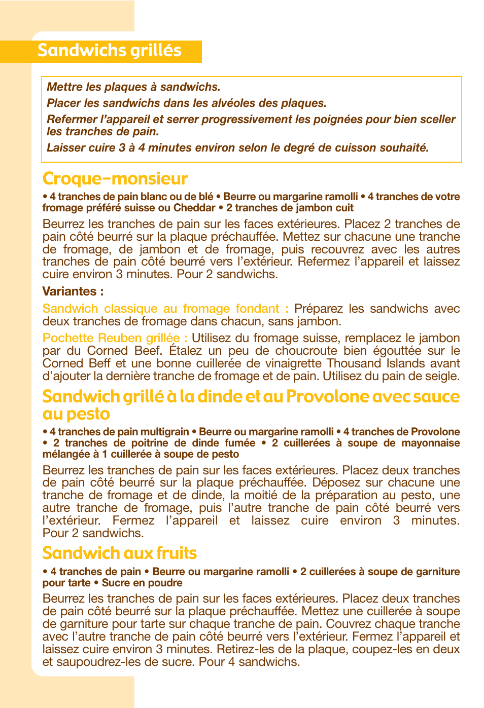 Sandwichs grillés, Croque-monsieur, Sandwich aux fruits | T-Fal Avanté Sandwich and Waffle Maker User Manual | Page 14 / 24