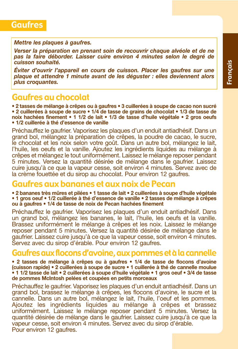 Gaufres au chocolat, Gaufres aux bananes et aux noix de pecan, Gaufres | T-Fal Avanté Sandwich and Waffle Maker User Manual | Page 15 / 24