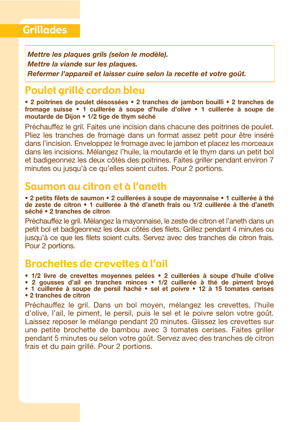 Grillades, Poulet grillé cordon bleu, Saumon au citron et à l’aneth | Brochettes de crevettes à l’ail | T-Fal Avanté Sandwich and Waffle Maker User Manual | Page 16 / 24