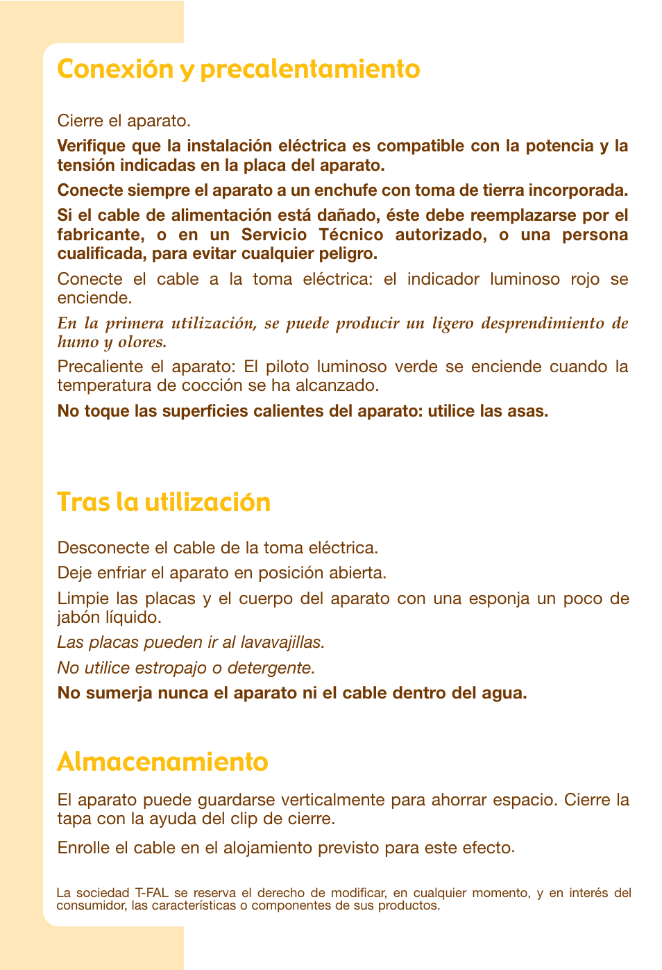 Conexión y precalentamiento, Tras la utilización, Almacenamiento | T-Fal Avanté Sandwich and Waffle Maker User Manual | Page 18 / 24