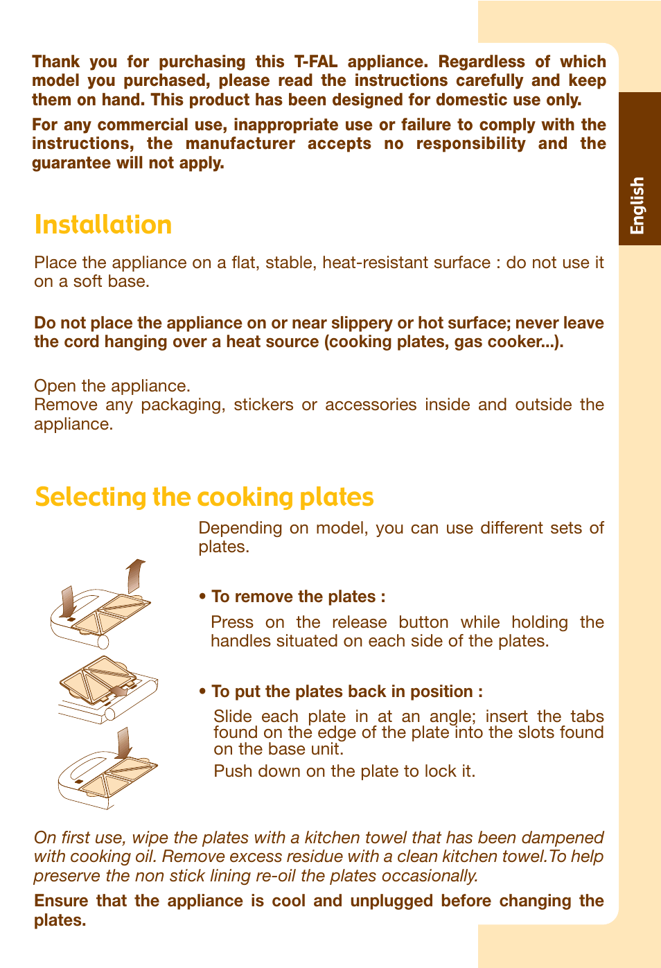 Installation, Selecting the cooking plates | T-Fal Avanté Sandwich and Waffle Maker User Manual | Page 5 / 24