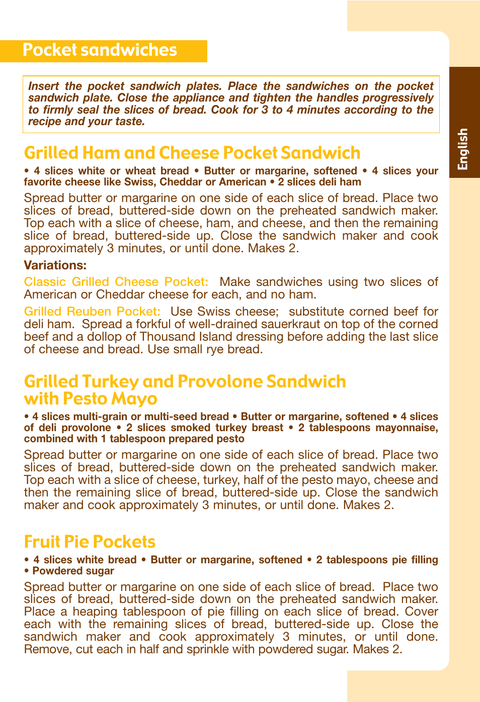 Grilled ham and cheese pocket sandwich, Fruit pie pockets, Pocket sandwiches | T-Fal Avanté Sandwich and Waffle Maker User Manual | Page 7 / 24