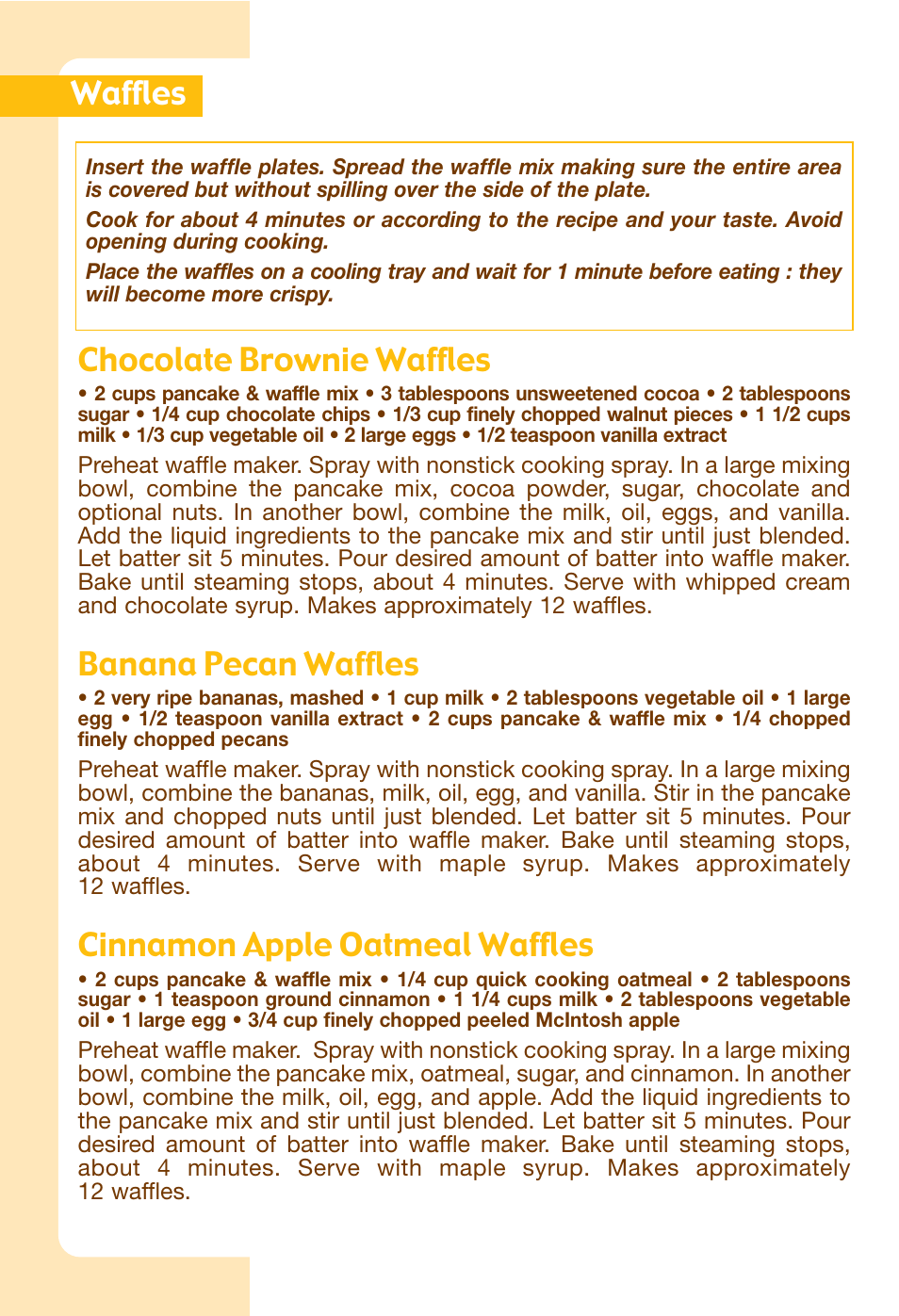 Waffles, Chocolate brownie waffles, Banana pecan waffles | Cinnamon apple oatmeal waffles | T-Fal Avanté Sandwich and Waffle Maker User Manual | Page 8 / 24