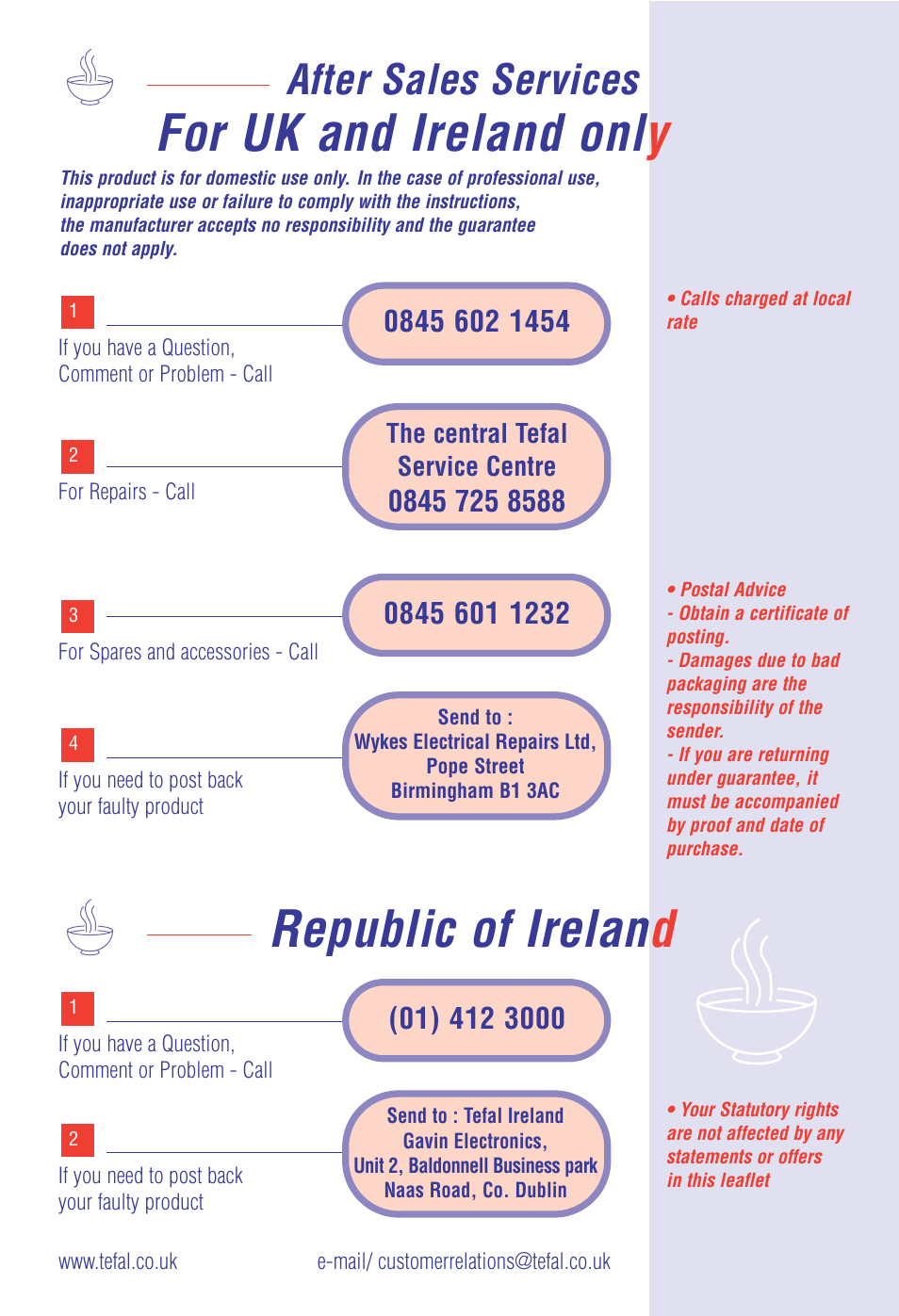 For uk and ireland onl y, Republic of irelan d, After sales services | T-Fal All Kettles User Manual | Page 2 / 8