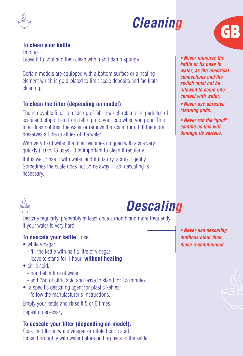 Cleanin g descalin g | T-Fal All Kettles User Manual | Page 5 / 8