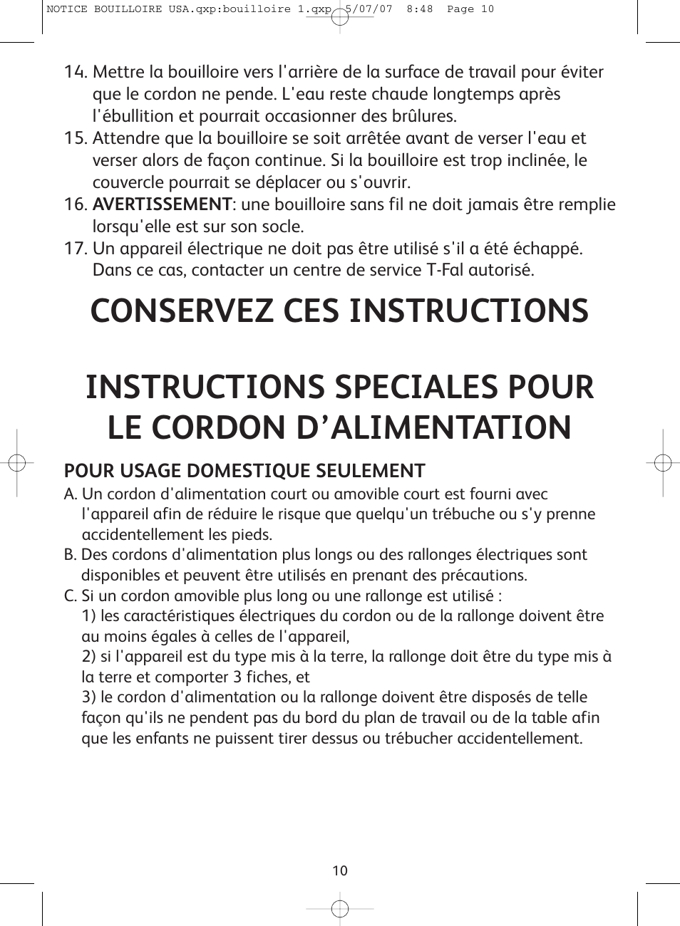 Conservez ces instructions | T-Fal Vitesses User Manual | Page 10 / 22