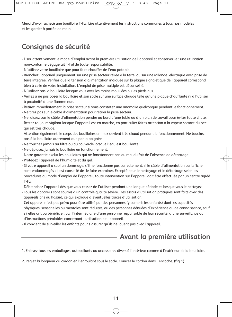 Consignes de sécurité, Avant la première utilisation | T-Fal Vitesses User Manual | Page 11 / 22