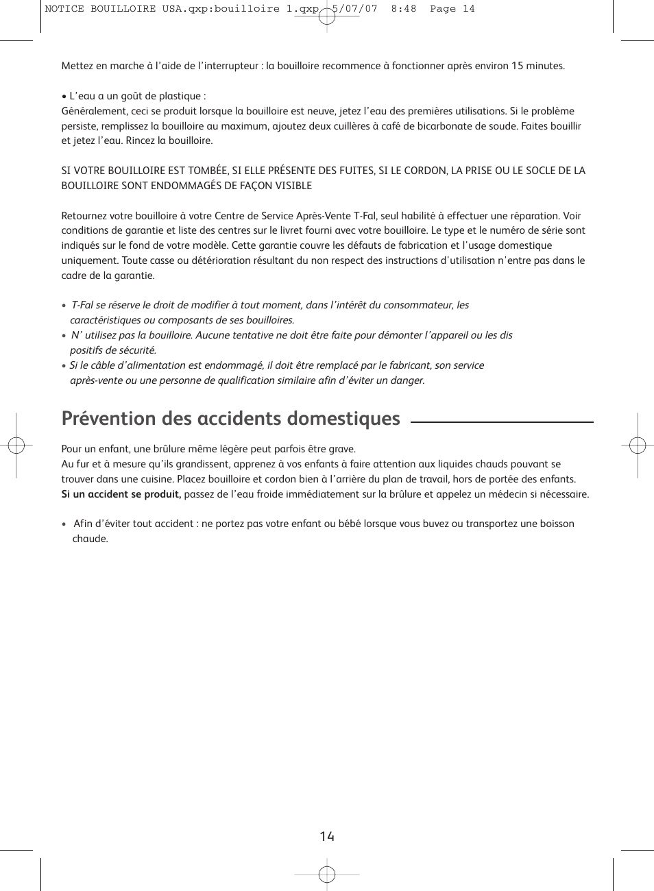 Prévention des accidents domestiques | T-Fal Vitesses User Manual | Page 14 / 22