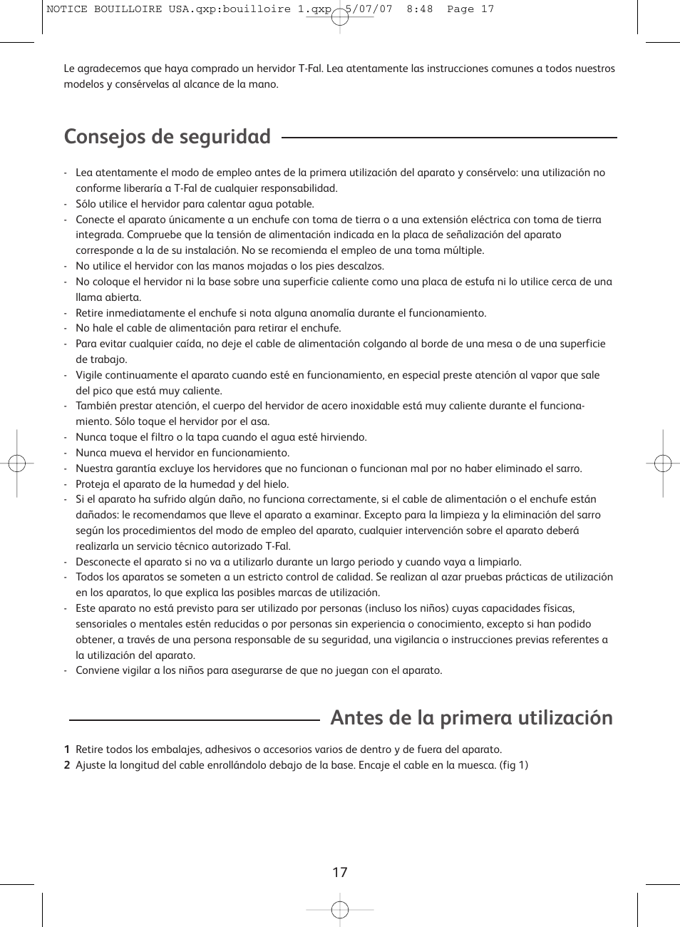 Consejos de seguridad, Antes de la primera utilización | T-Fal Vitesses User Manual | Page 17 / 22