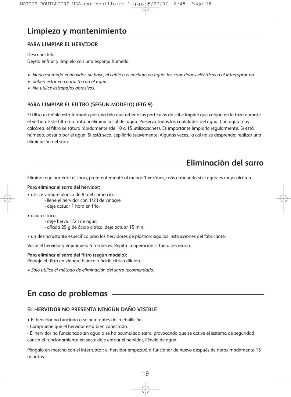 Limpieza y mantenimiento, En caso de problemas eliminación del sarro | T-Fal Vitesses User Manual | Page 19 / 22