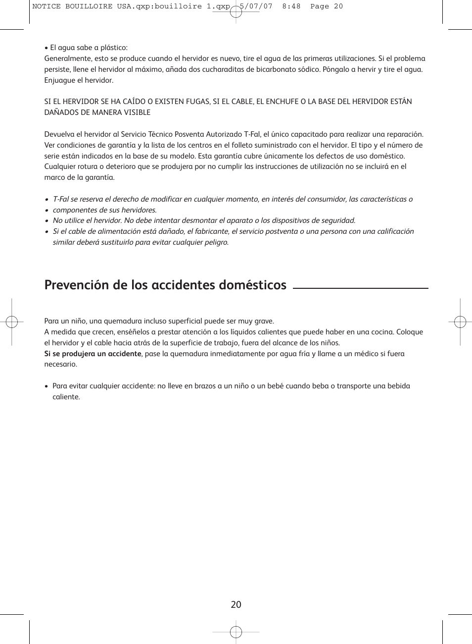 Prevención de los accidentes domésticos | T-Fal Vitesses User Manual | Page 20 / 22