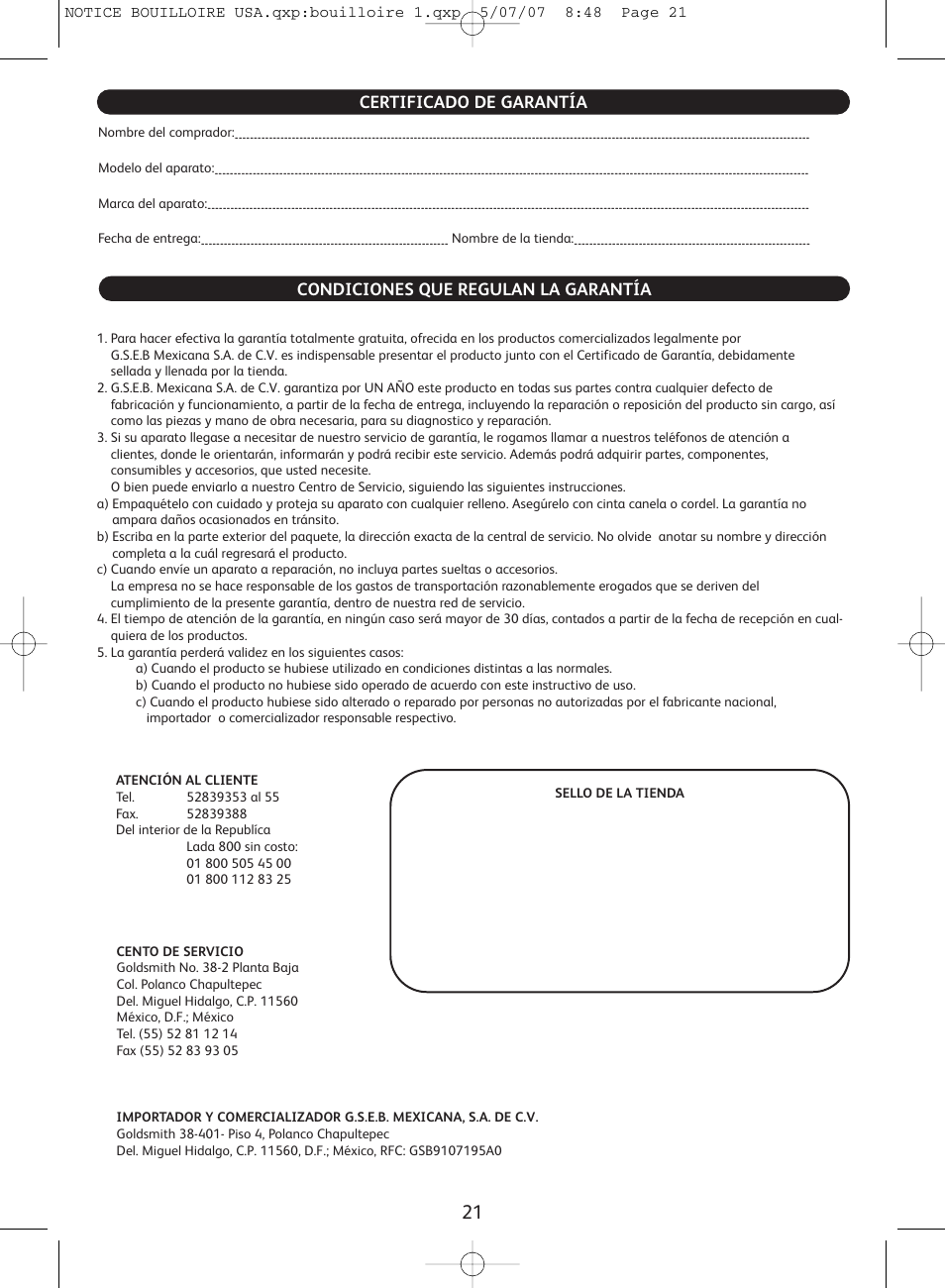 Certificado de garantía, Condiciones que regulan la garantía | T-Fal Vitesses User Manual | Page 21 / 22