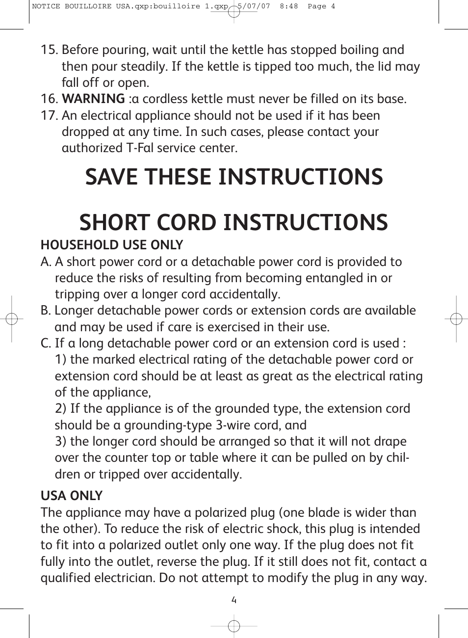 Save these instructions, Short cord instructions | T-Fal Vitesses User Manual | Page 4 / 22
