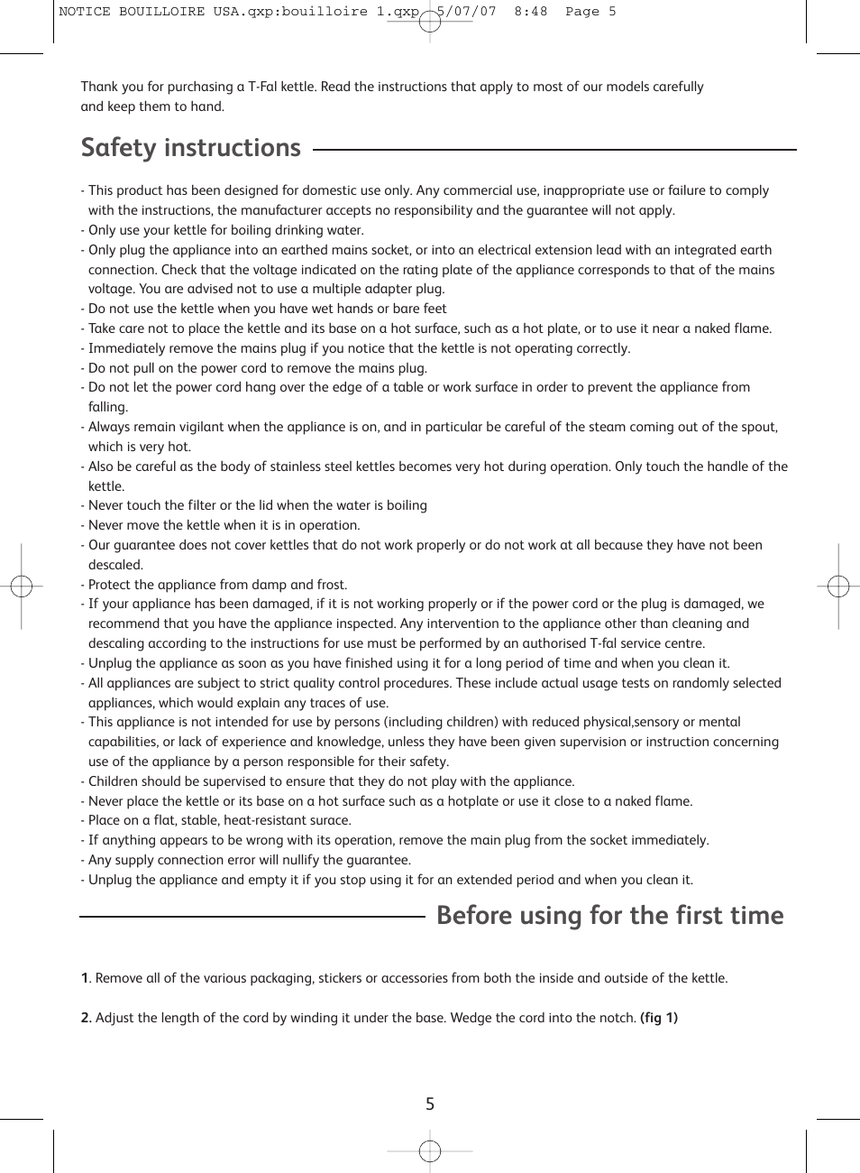Safety instructions, Before using for the first time | T-Fal Vitesses User Manual | Page 5 / 22