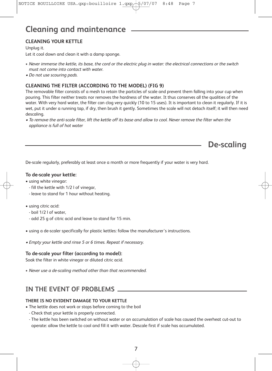 Cleaning and maintenance, De-scaling | T-Fal Vitesses User Manual | Page 7 / 22