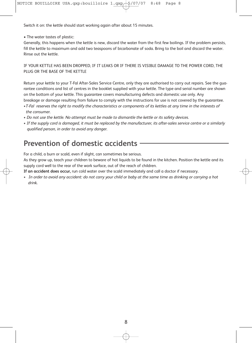 Prevention of domestic accidents | T-Fal Vitesses User Manual | Page 8 / 22