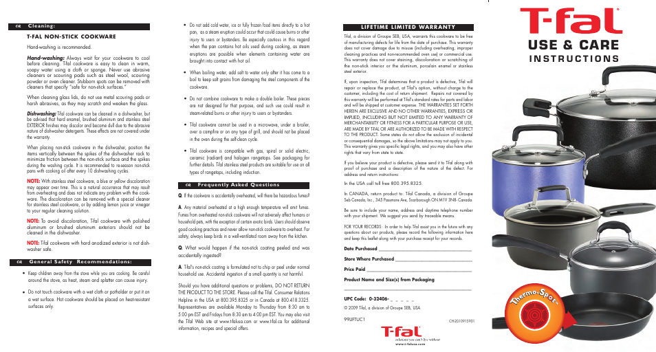 T-Fal Nonstick cookware with Thermospot User Manual | 2 pages