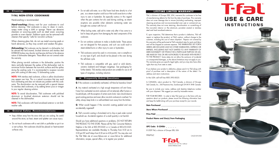 T-Fal Nonstick cookware without Thermospot User Manual | 2 pages