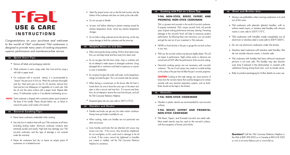 Use & care | T-Fal Nonstick cookware without Thermospot User Manual | Page 2 / 2