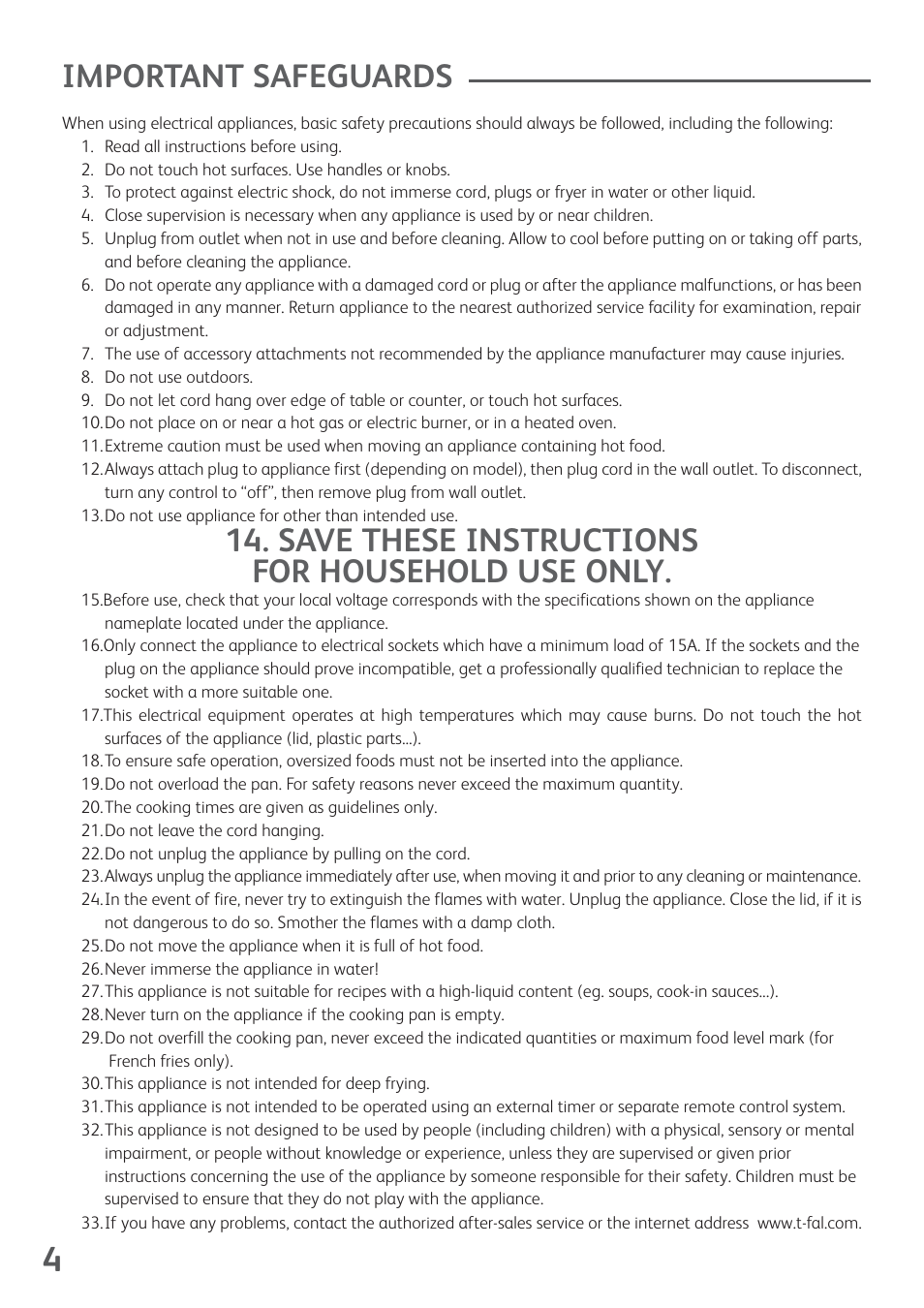 Important safeguards, Save these instructions for household use only | T-Fal ActiFry User Manual | Page 6 / 14