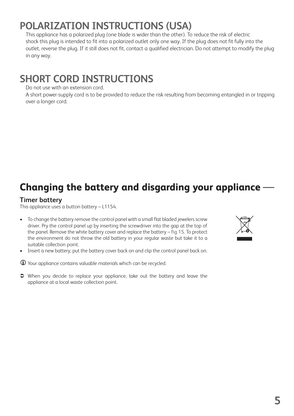 Polarization instructions (usa), Short cord instructions, Changing the battery and disgarding your appliance | T-Fal ActiFry User Manual | Page 7 / 14