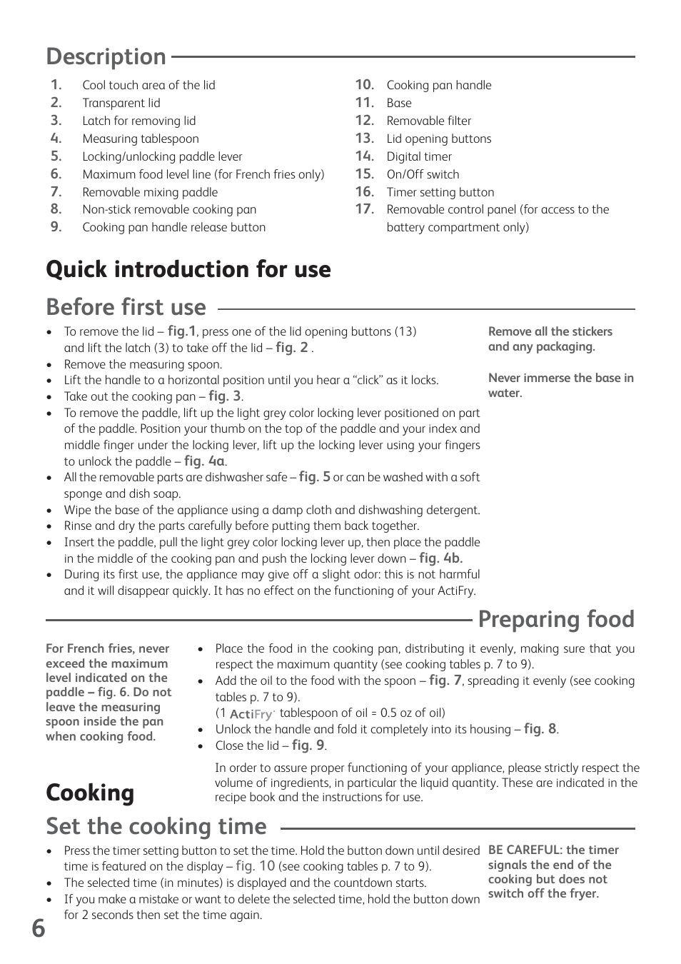 Quick introduction for use before first use, Preparing food, Cooking set the cooking time | Description | T-Fal ActiFry User Manual | Page 8 / 14