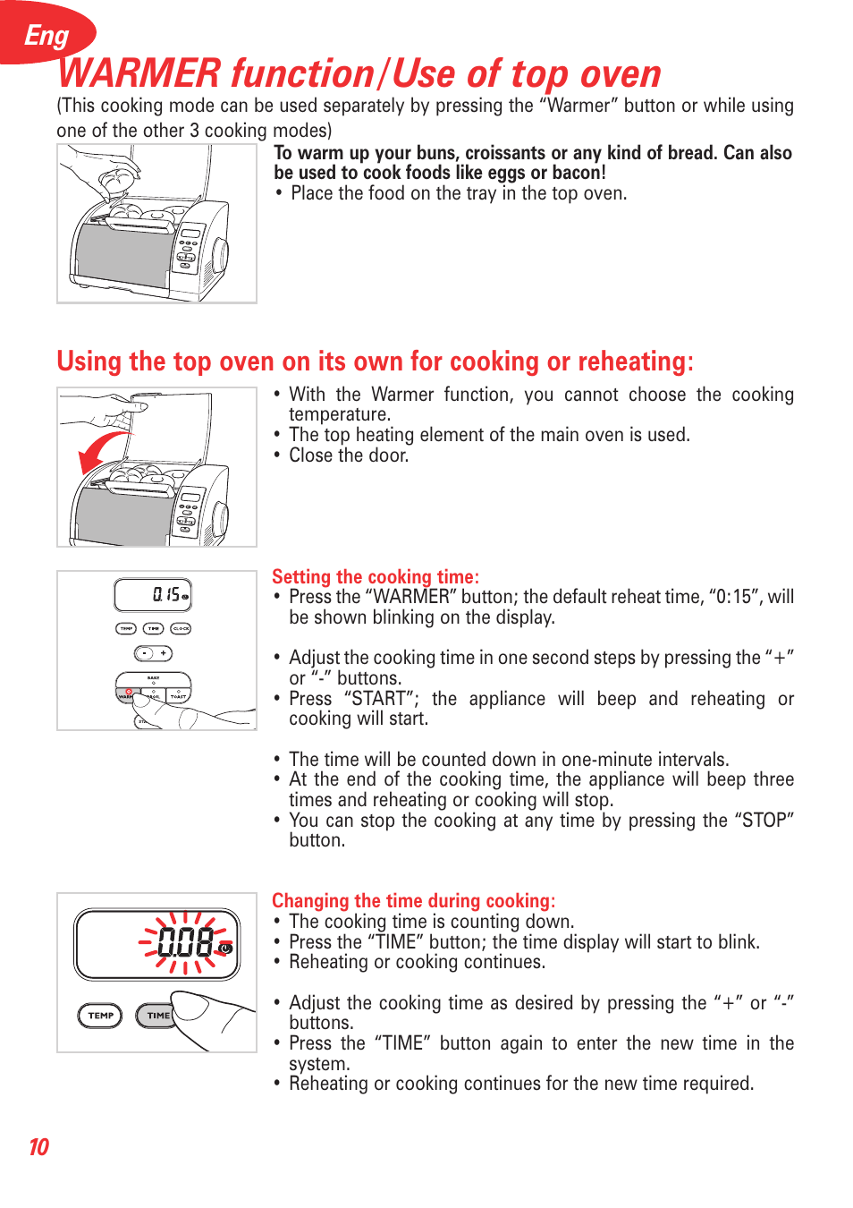 Warmer function/use of top oven | T-Fal Avante Elite Convection User Manual | Page 13 / 48