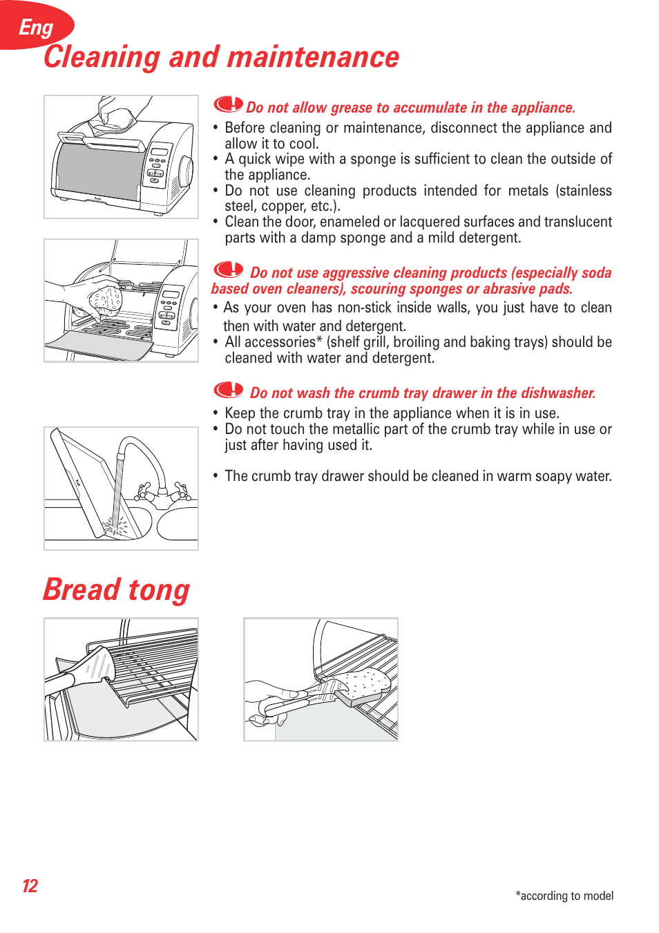Cleaning and maintenance, Bread tong | T-Fal Avante Elite Convection User Manual | Page 15 / 48