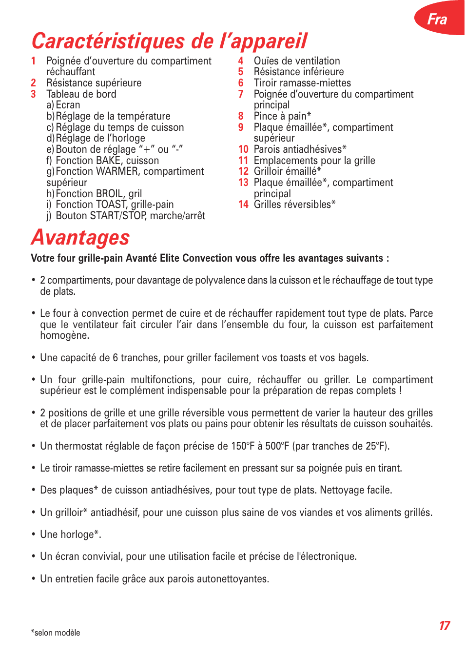 Caractéristiques de l’appareil avantages | T-Fal Avante Elite Convection User Manual | Page 20 / 48