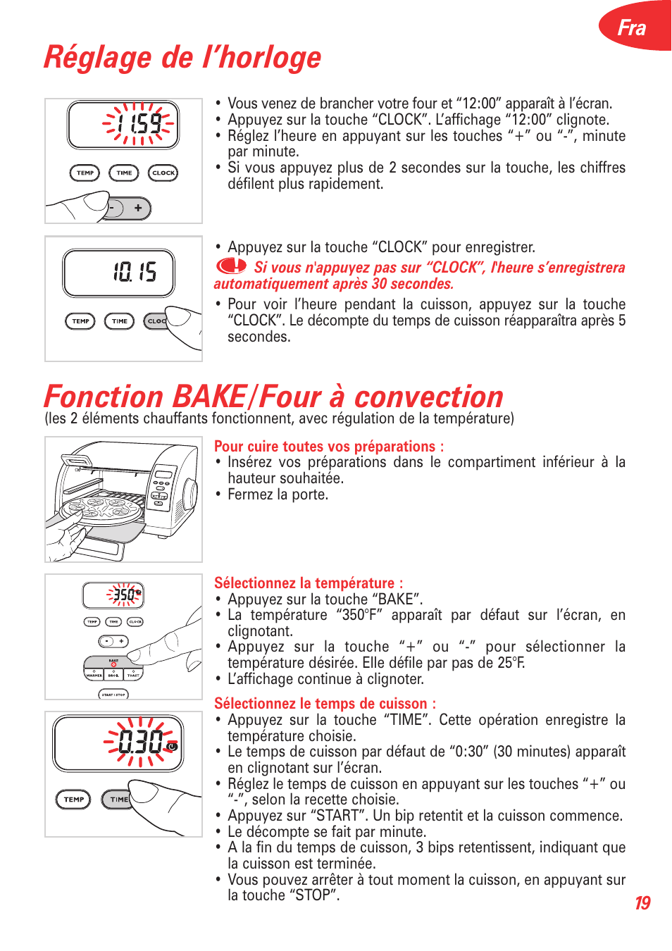 Fonction bake/four à convection, Réglage de l’horloge | T-Fal Avante Elite Convection User Manual | Page 22 / 48