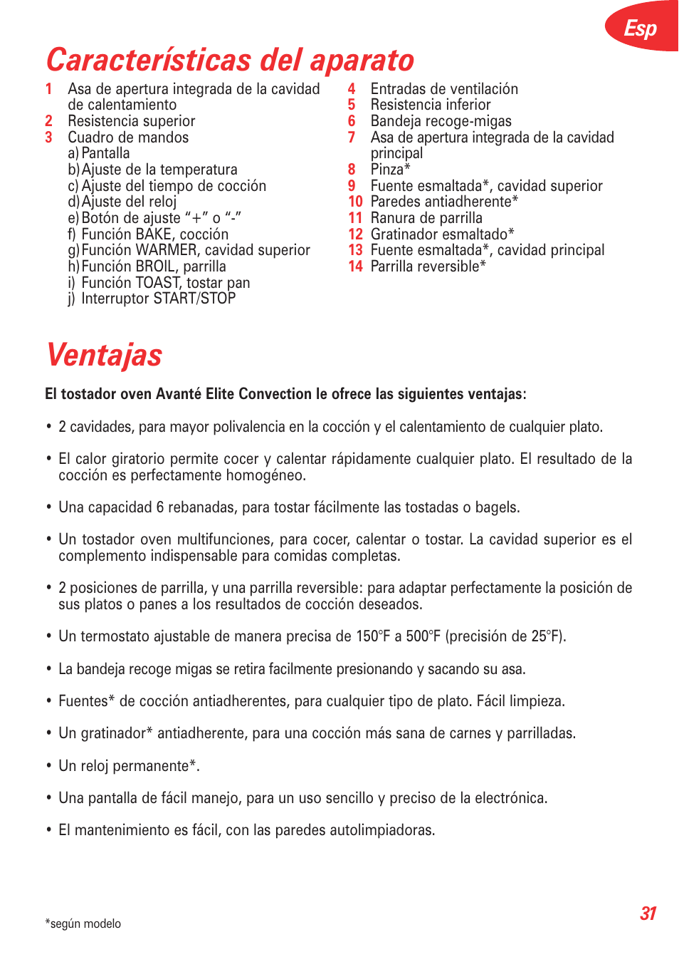 Características del aparato ventajas | T-Fal Avante Elite Convection User Manual | Page 34 / 48
