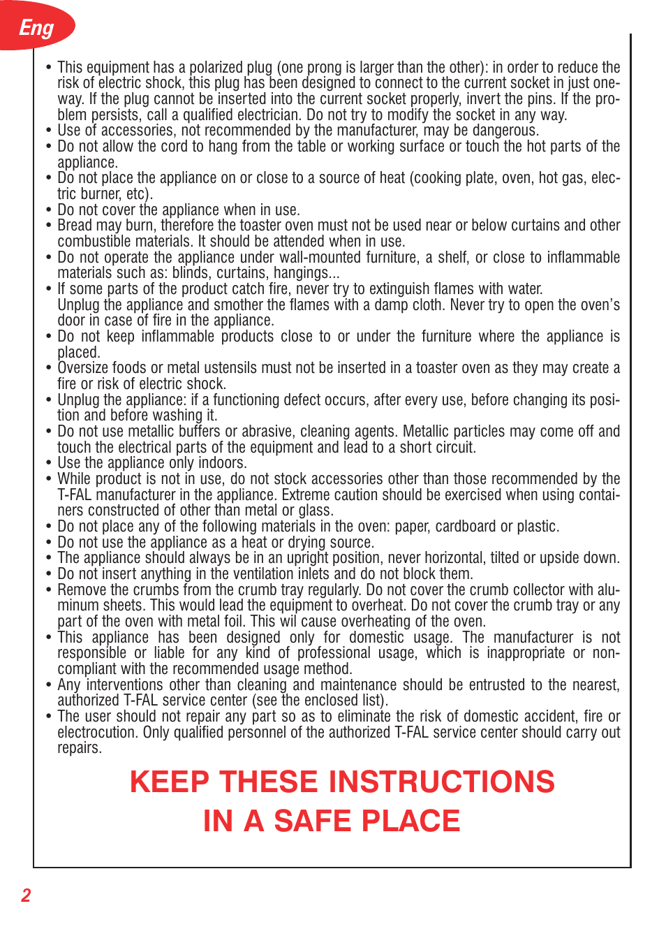 Keep these instructions in a safe place | T-Fal Avante Elite Convection User Manual | Page 5 / 48