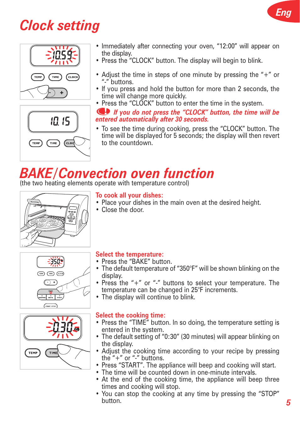 Bake/convection oven function, Clock setting | T-Fal Avante Elite Convection User Manual | Page 8 / 48