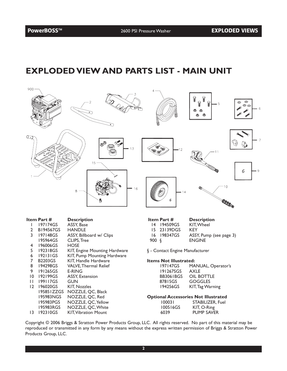 Exploded view and parts list - main unit | Briggs & Stratton PowerBoss 20255 User Manual | Page 2 / 3