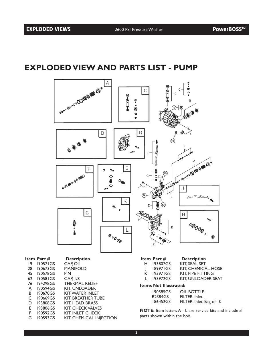 Exploded view and parts list - pump | Briggs & Stratton PowerBoss 20255 User Manual | Page 3 / 3