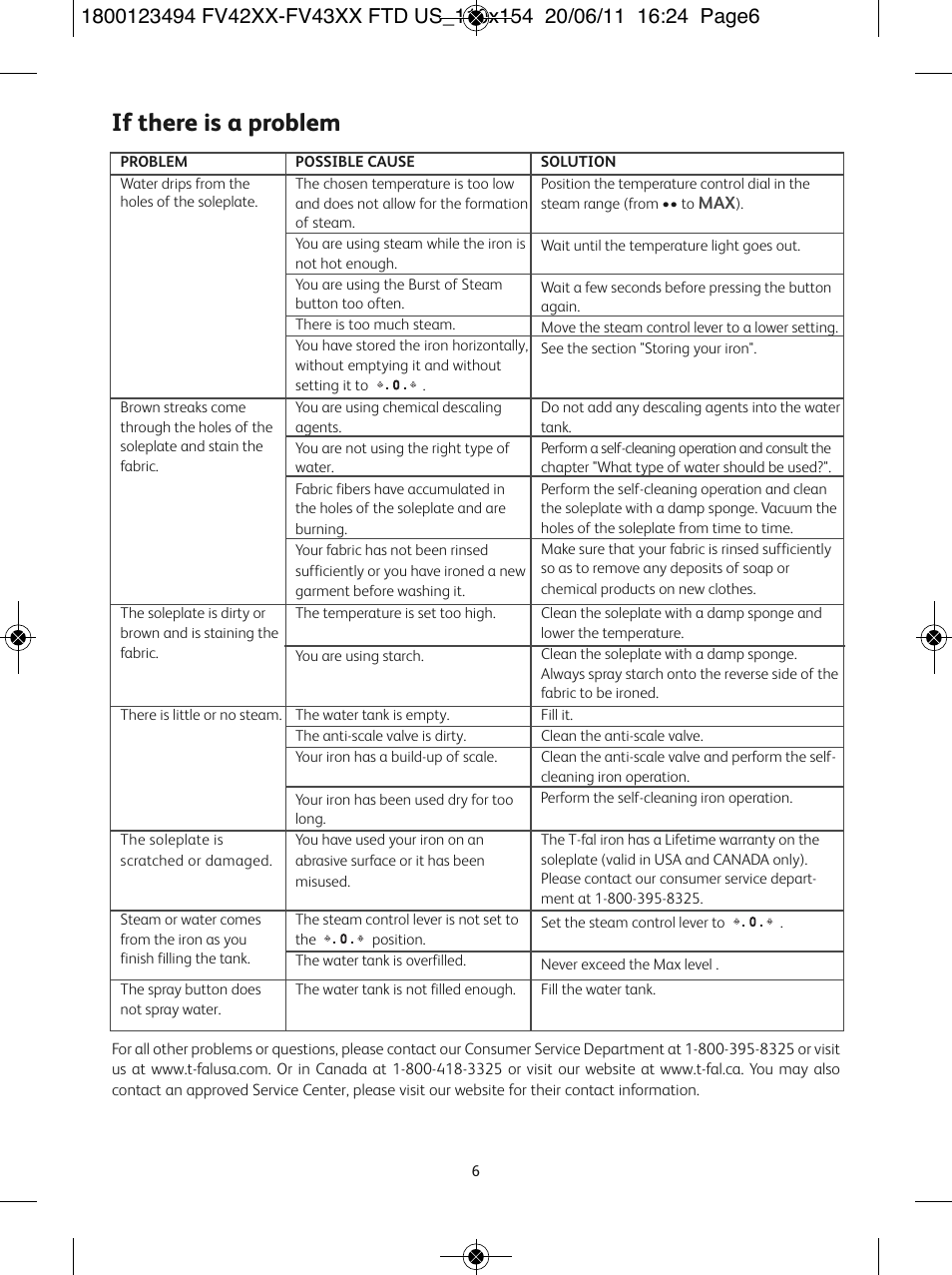 If there is a problem | T-Fal Ultraglide Easycord User Manual | Page 11 / 30