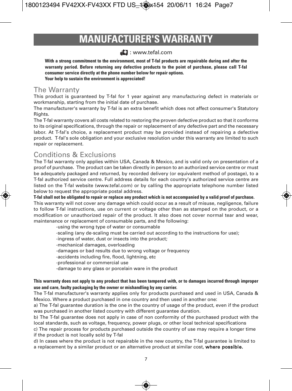 Manufacturer's warranty, The warranty, Conditions & exclusions | T-Fal Ultraglide Easycord User Manual | Page 12 / 30