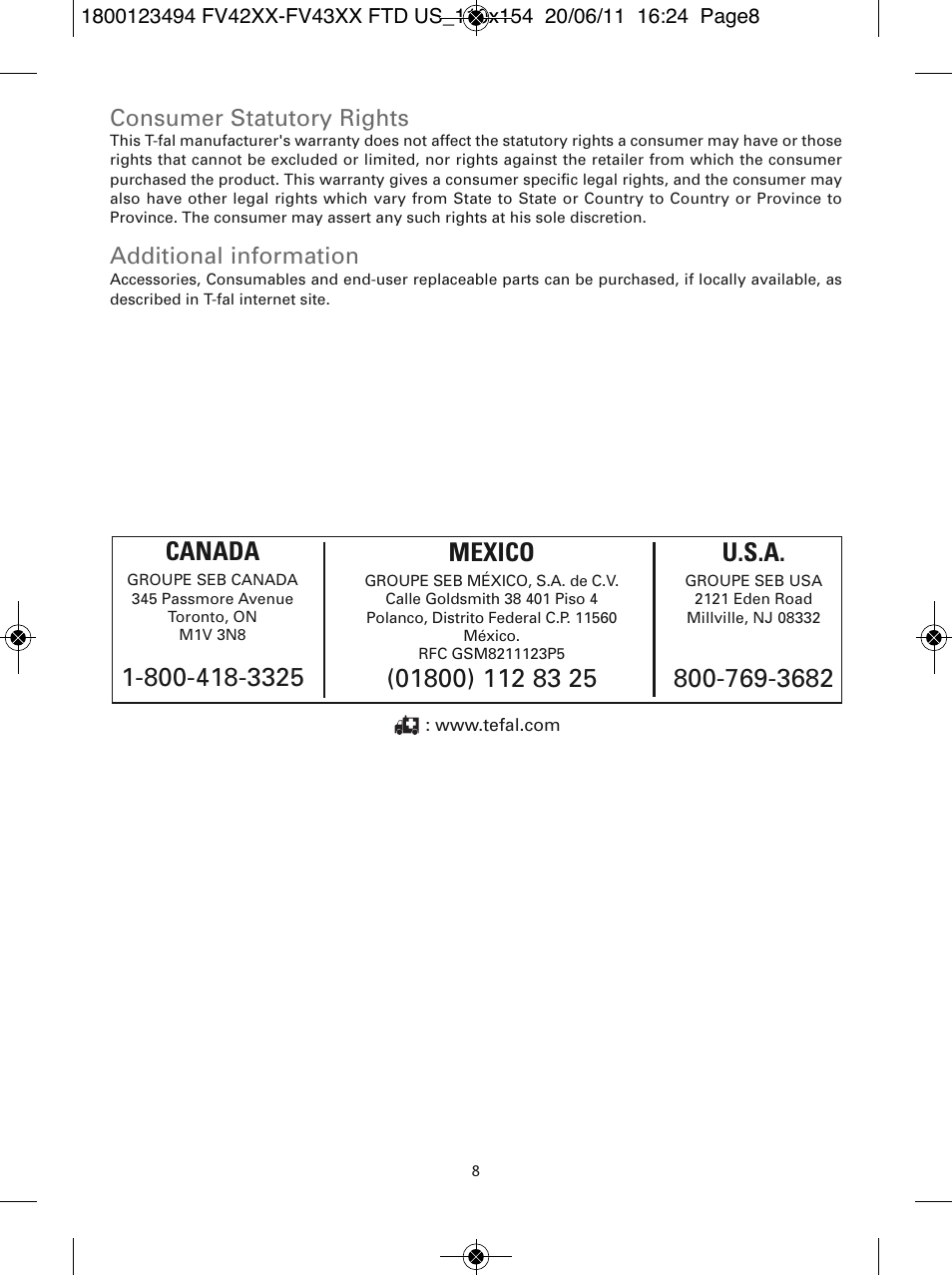 Mexico, Consumer statutory rights, Additional information | T-Fal Ultraglide Easycord User Manual | Page 13 / 30