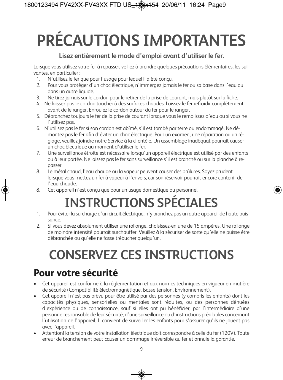 Précautions importantes, Instructions spéciales, Conservez ces instructions | Pour votre sécurité | T-Fal Ultraglide Easycord User Manual | Page 14 / 30