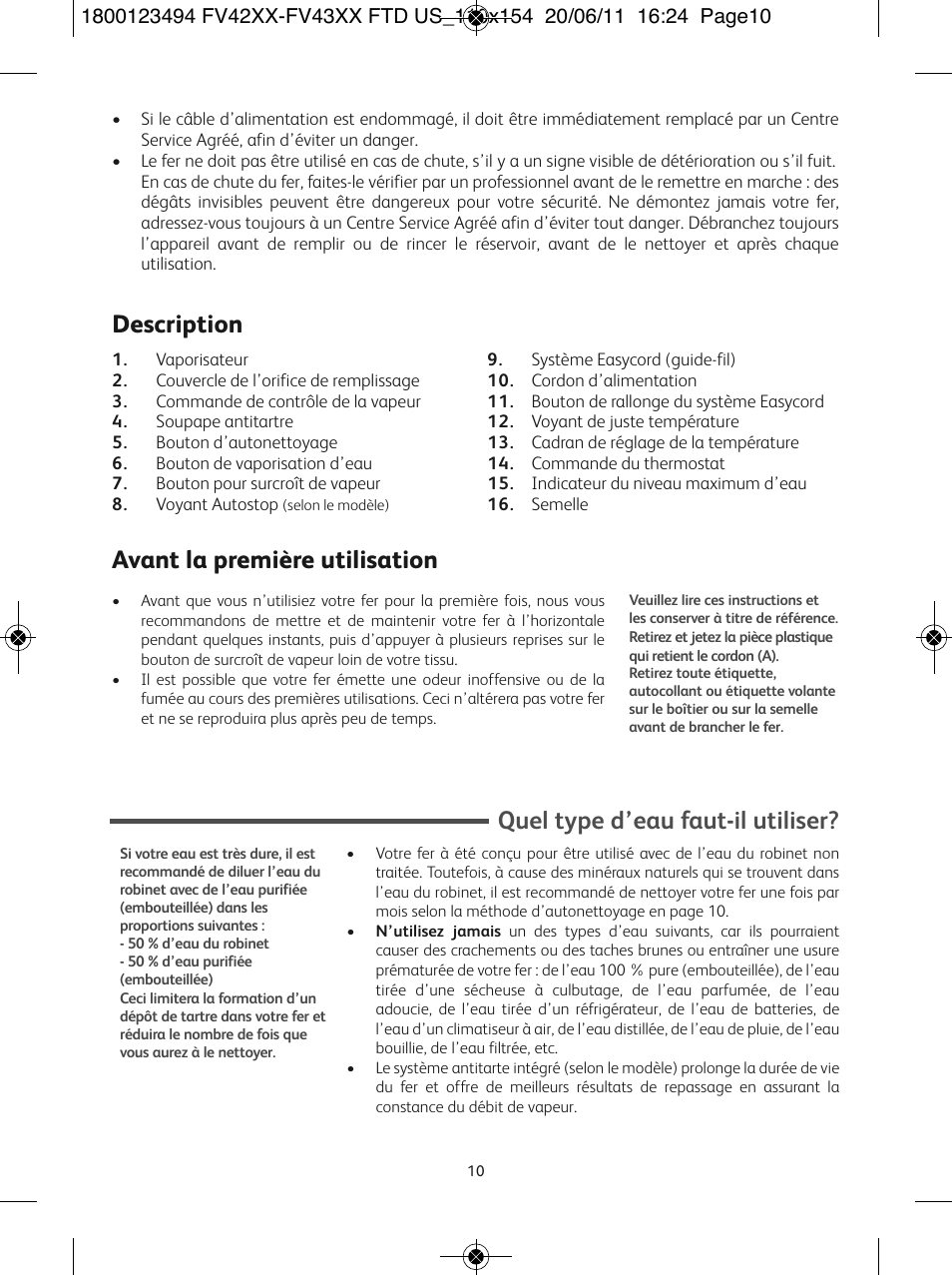 Description, Avant la première utilisation, Quel type d’eau faut-il utiliser | T-Fal Ultraglide Easycord User Manual | Page 15 / 30